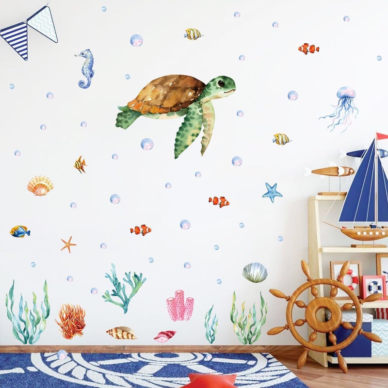 Kasubeso Large Summer Ocean Window Clings Decals, Watercolor Sea Turtle Jellyfish Bubbles Wall Stickers, Peel and Stick Ocean Anmial Wall Decor for Bedroom Bathroom Window School Nursery Decoration - Image 1